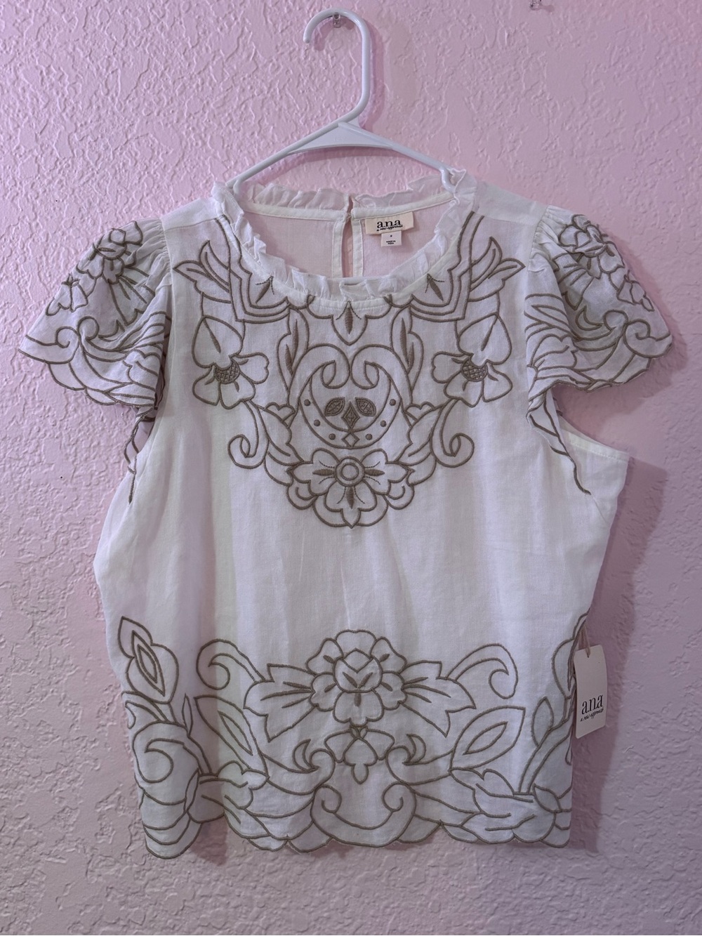 NWT a.n.a White Top with Tan Floral Embroidery